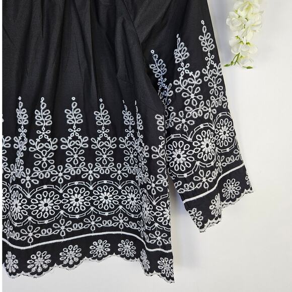 Talbots Petites Black Embroidered Peasant Top Blouse Boho Floral 3/4 Sleeve MP - Picture 3 of 9